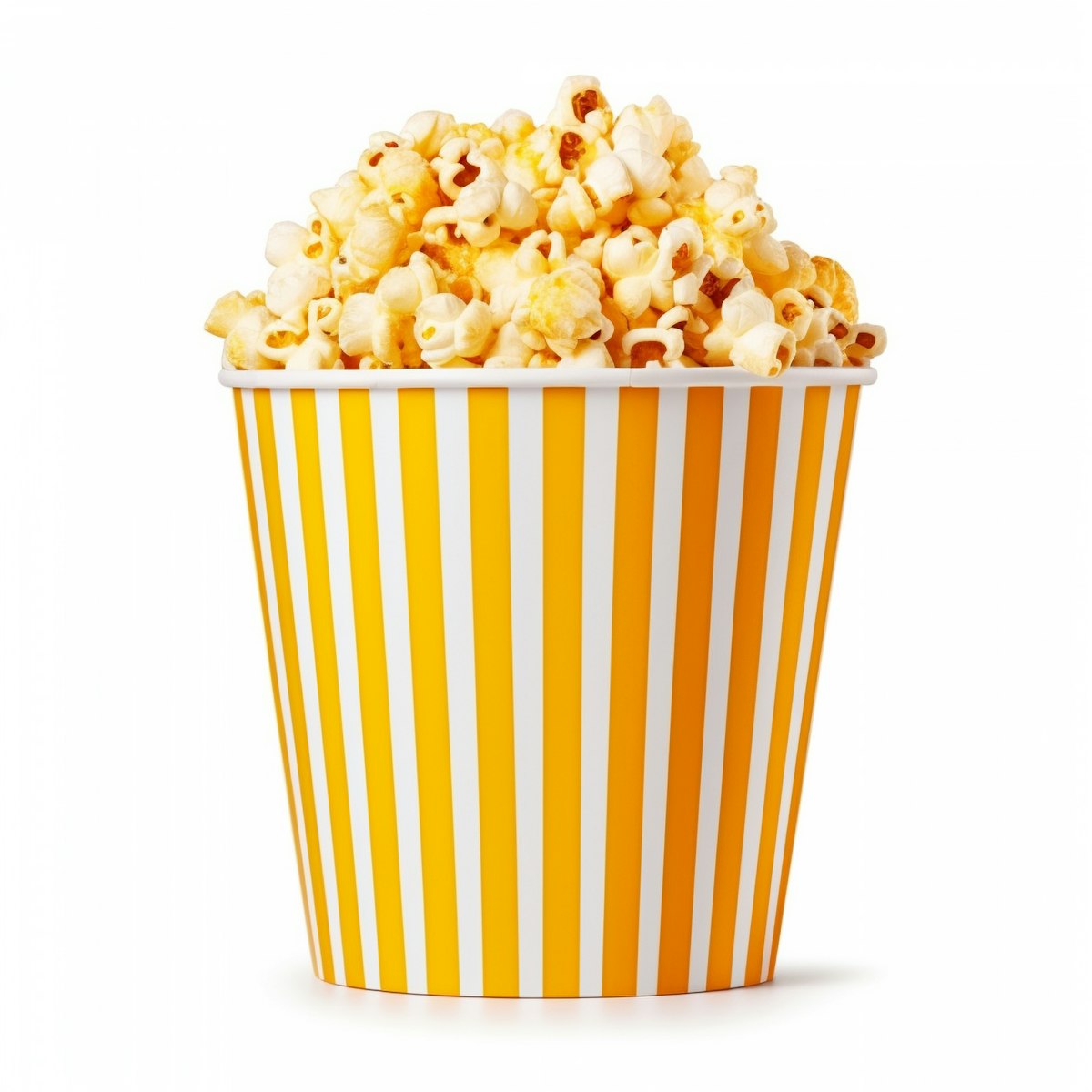 A striped cup filled with popcorn for movie night